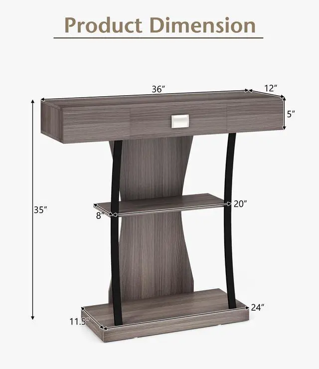 Alt view image 5 of 7 - SlickBlue Console Table with Drawer and 2-Tier Shelves for Entryway Living Room-Gray