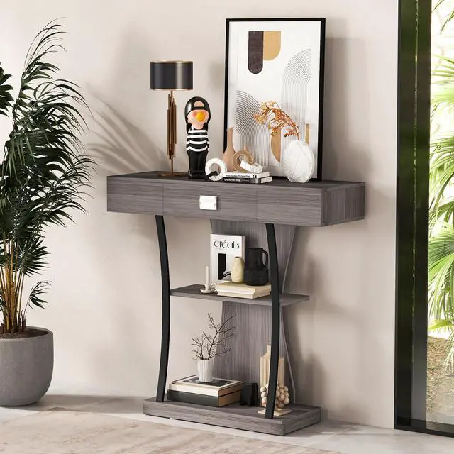 Alt view image 2 of 7 - SlickBlue Console Table with Drawer and 2-Tier Shelves for Entryway Living Room-Gray
