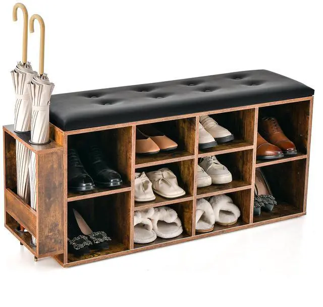 Alt view image 4 of 7 - SlickBlue Shoe Storage Bench with Umbrella Stand and Adjustable Shelf-Rustic Brown