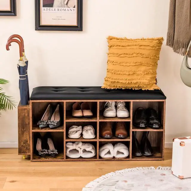 Alt view image 2 of 7 - SlickBlue Shoe Storage Bench with Umbrella Stand and Adjustable Shelf-Rustic Brown