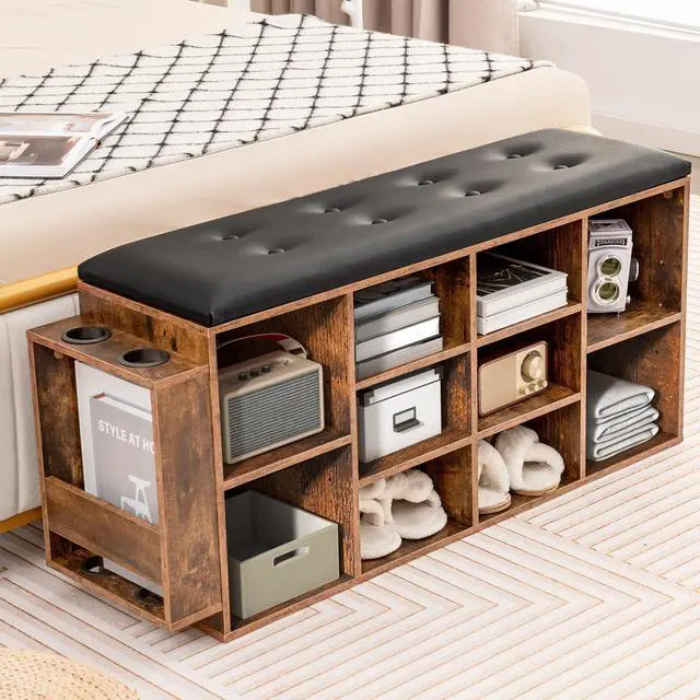 Alt view image 3 of 7 - SlickBlue Shoe Storage Bench with Umbrella Stand and Adjustable Shelf-Rustic Brown