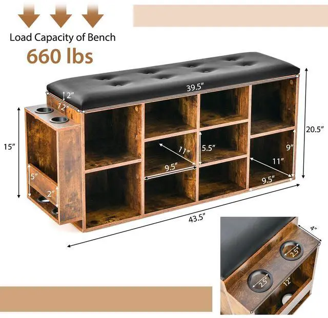 Alt view image 5 of 7 - SlickBlue Shoe Storage Bench with Umbrella Stand and Adjustable Shelf-Rustic Brown