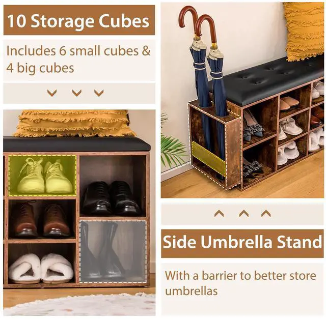 Alt view image 7 of 7 - SlickBlue Shoe Storage Bench with Umbrella Stand and Adjustable Shelf-Rustic Brown