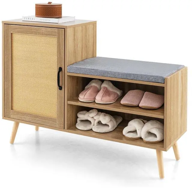 Main image of SlickBlue 2-in-1 Rattan Shoe Cabinet with Bench Shoe Storage Bench with Washable Cushion-Natural