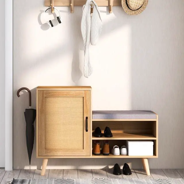 Alt view image 2 of 7 - SlickBlue 2-in-1 Rattan Shoe Cabinet with Bench Shoe Storage Bench with Washable Cushion-Natural