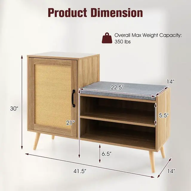 Alt view image 4 of 7 - SlickBlue 2-in-1 Rattan Shoe Cabinet with Bench Shoe Storage Bench with Washable Cushion-Natural