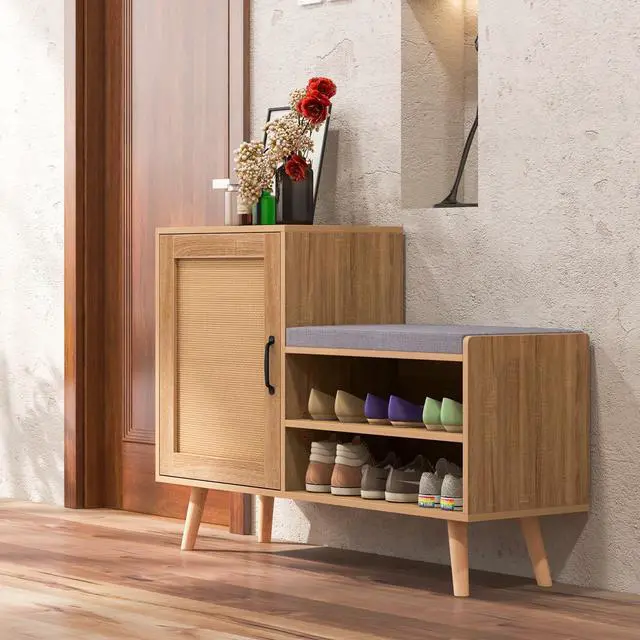Alt view image 3 of 7 - SlickBlue 2-in-1 Rattan Shoe Cabinet with Bench Shoe Storage Bench with Washable Cushion-Natural