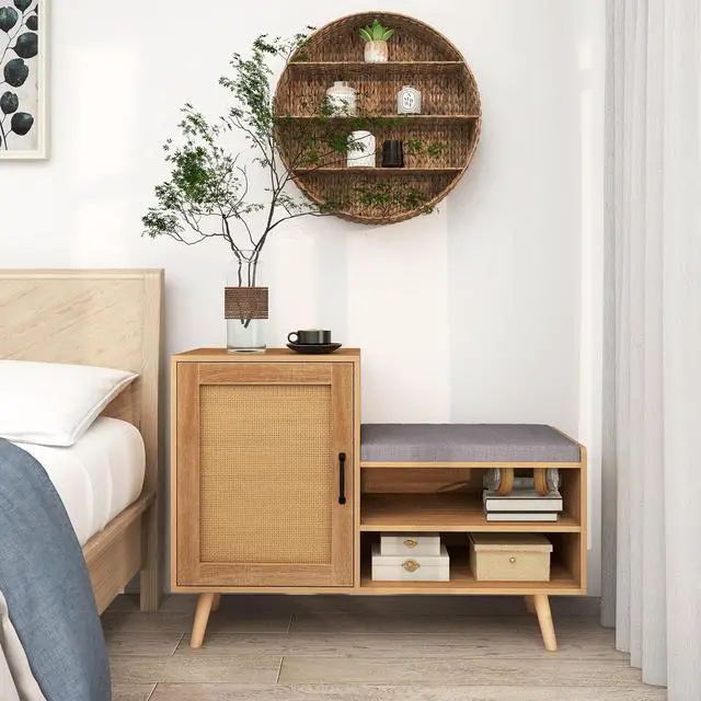 Alt view image 5 of 7 - SlickBlue 2-in-1 Rattan Shoe Cabinet with Bench Shoe Storage Bench with Washable Cushion-Natural