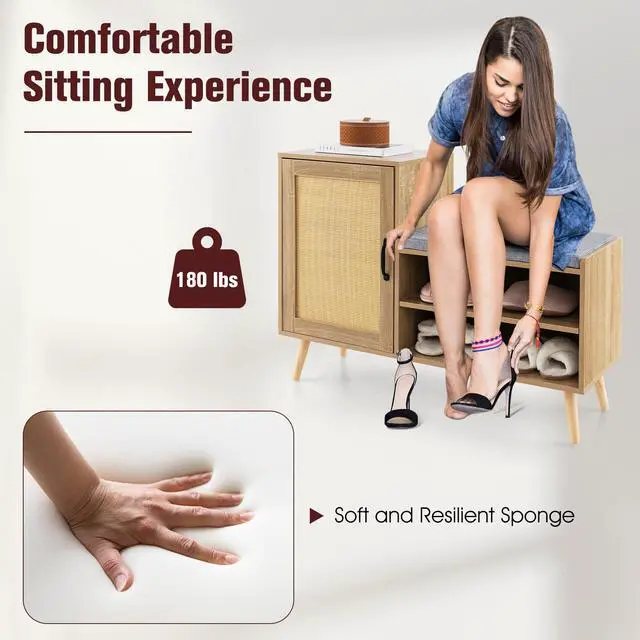 Alt view image 6 of 7 - SlickBlue 2-in-1 Rattan Shoe Cabinet with Bench Shoe Storage Bench with Washable Cushion-Natural