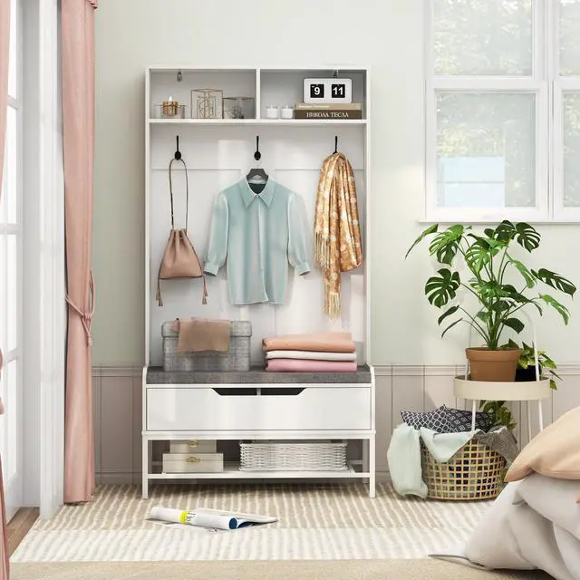 Alt view image 3 of 7 - SlickBlue 69 Inches Tall Hall Tree 4-in-1 Coat Rack with Seat Cushion and Shoe Storage-White