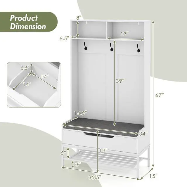 Alt view image 5 of 7 - SlickBlue 69 Inches Tall Hall Tree 4-in-1 Coat Rack with Seat Cushion and Shoe Storage-White