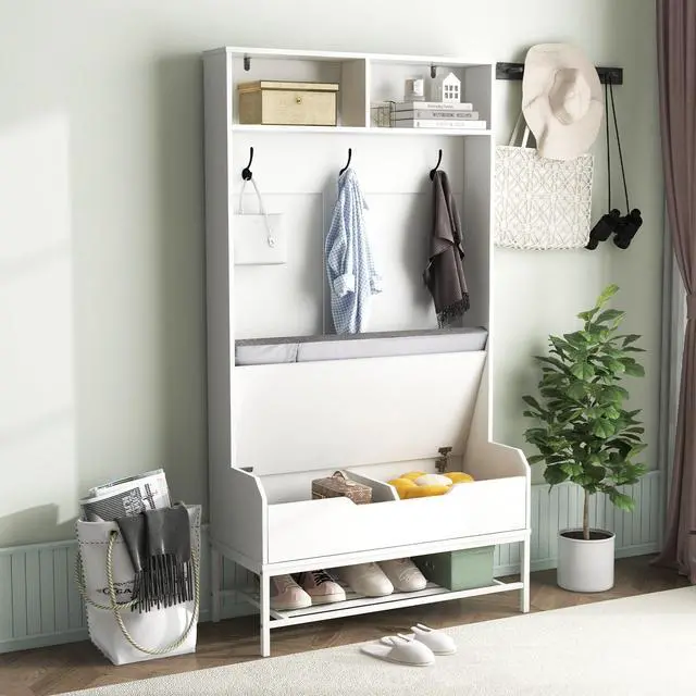 Alt view image 6 of 7 - SlickBlue 69 Inches Tall Hall Tree 4-in-1 Coat Rack with Seat Cushion and Shoe Storage-White