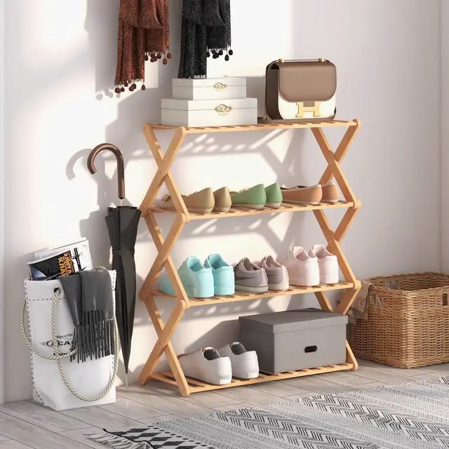 Alt view image 2 of 7 - SlickBlue 4-Tier Foldable Bamboo Shoe Rack with Slatted Shelves-Natural
