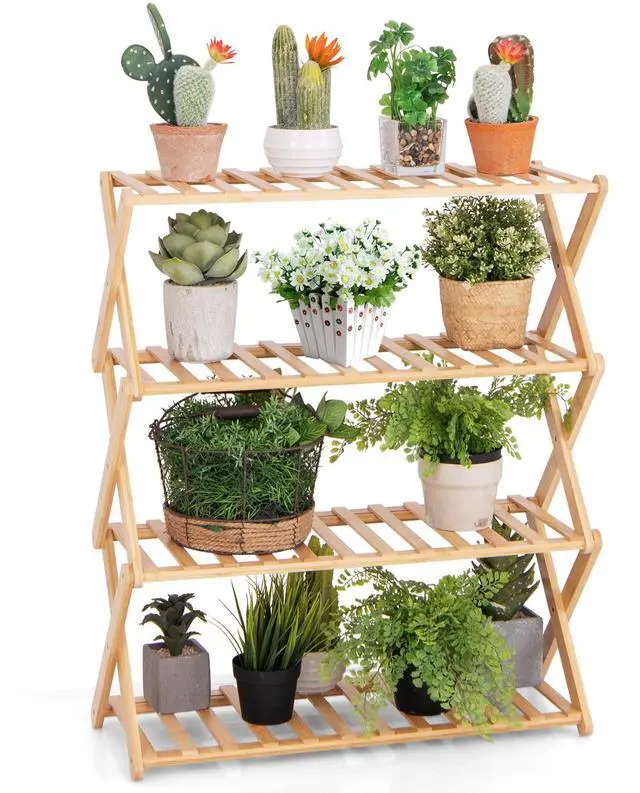 Alt view image 4 of 7 - SlickBlue 4-Tier Foldable Bamboo Shoe Rack with Slatted Shelves-Natural