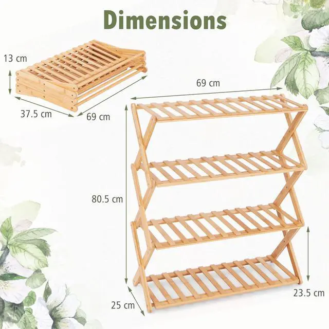 Alt view image 5 of 7 - SlickBlue 4-Tier Foldable Bamboo Shoe Rack with Slatted Shelves-Natural