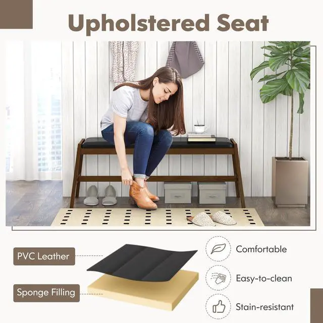 Alt view image 6 of 7 - SlickBlue 50 Inch Long Solid Wood Dining Bench Upholstered Table Bench with Faux Leather Padded Seat-Walnut