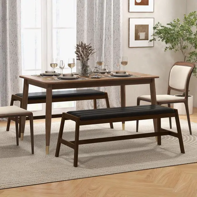 Alt view image 5 of 7 - SlickBlue 50 Inch Long Solid Wood Dining Bench Upholstered Table Bench with Faux Leather Padded Seat-Walnut