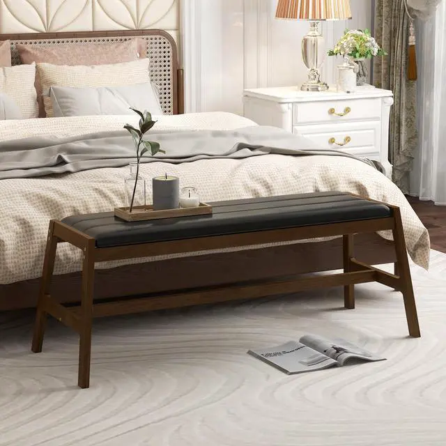 Alt view image 3 of 7 - SlickBlue 50 Inch Long Solid Wood Dining Bench Upholstered Table Bench with Faux Leather Padded Seat-Walnut