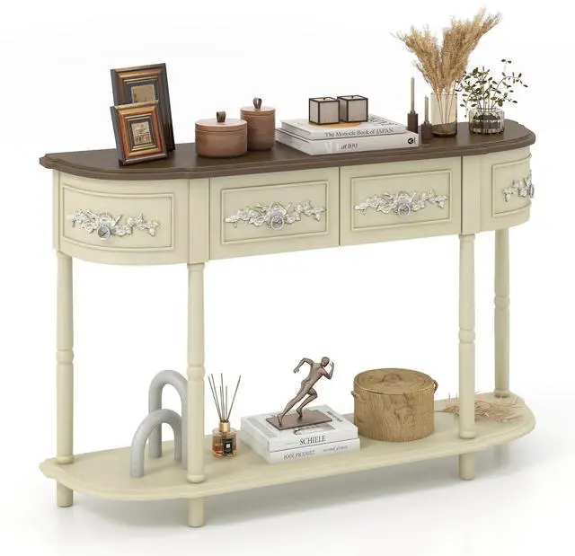 Main image of SlickBlue Retro Curved Console Table with Drawers and Solid Wood Legs-Beige
