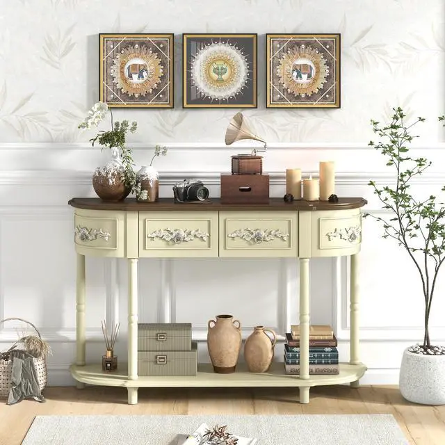 Alt view image 2 of 7 - SlickBlue Retro Curved Console Table with Drawers and Solid Wood Legs-Beige