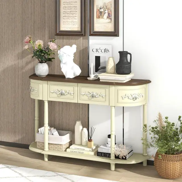 Alt view image 3 of 7 - SlickBlue Retro Curved Console Table with Drawers and Solid Wood Legs-Beige