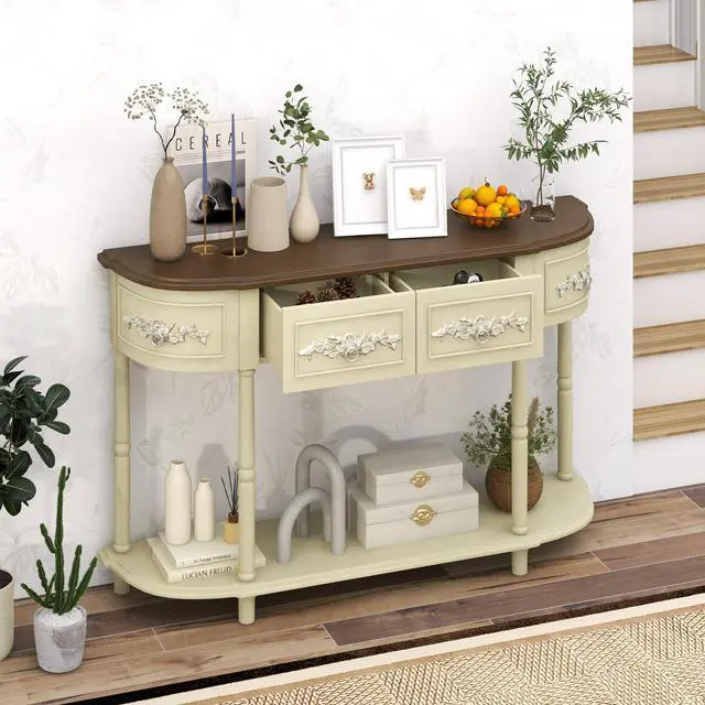 Alt view image 6 of 7 - SlickBlue Retro Curved Console Table with Drawers and Solid Wood Legs-Beige