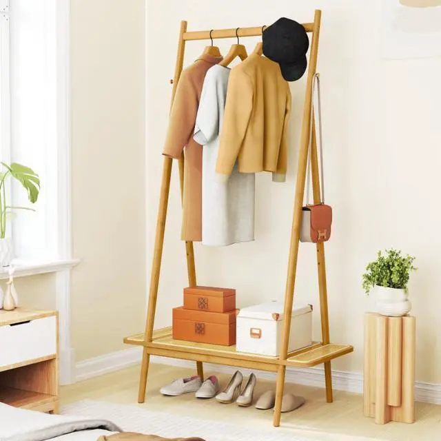 Alt view image 2 of 7 - SlickBlue Bamboo Clothes Rack with Hanging Rod Rattan Shelf and Copper Hooks