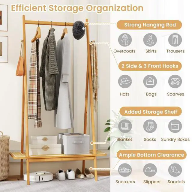 Alt view image 4 of 7 - SlickBlue Bamboo Clothes Rack with Hanging Rod Rattan Shelf and Copper Hooks