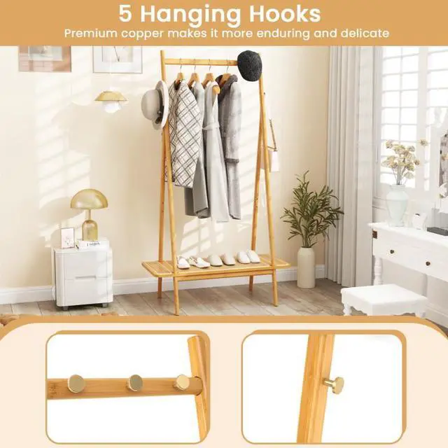 Alt view image 7 of 7 - SlickBlue Bamboo Clothes Rack with Hanging Rod Rattan Shelf and Copper Hooks