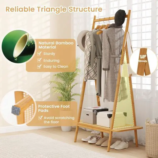 Alt view image 5 of 7 - SlickBlue Bamboo Clothes Rack with Hanging Rod Rattan Shelf and Copper Hooks