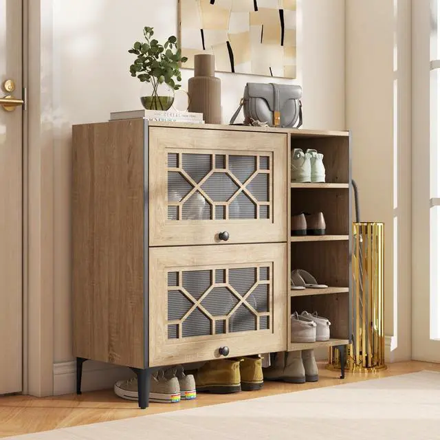 Alt view image 2 of 7 - SlickBlue Rustic Shoe Cabinet with Flip-up See-through Doors and Adjustable Shelves-Oak