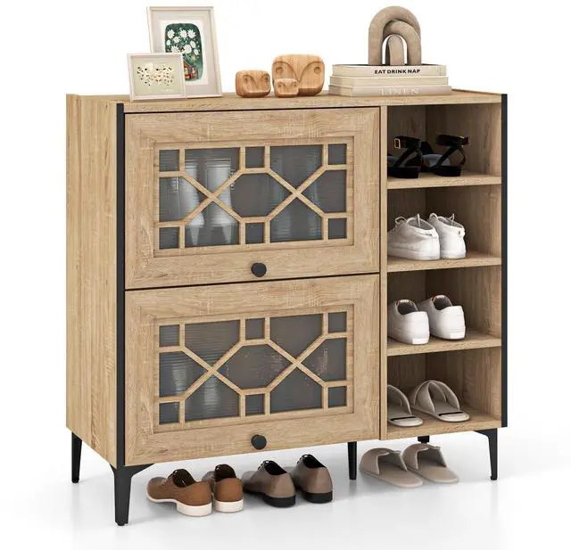 Alt view image 4 of 7 - SlickBlue Rustic Shoe Cabinet with Flip-up See-through Doors and Adjustable Shelves-Oak
