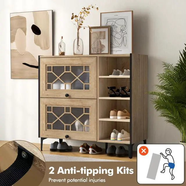 Alt view image 7 of 7 - SlickBlue Rustic Shoe Cabinet with Flip-up See-through Doors and Adjustable Shelves-Oak
