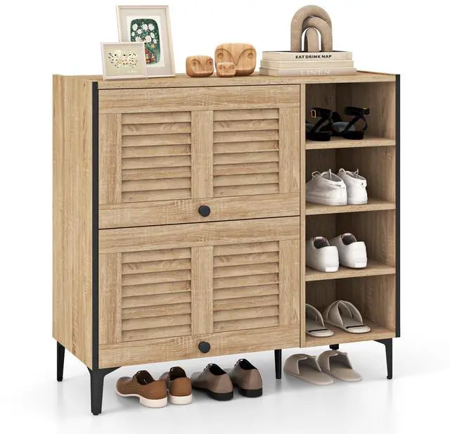 Alt view image 4 of 7 - SlickBlue Shoe Rack Organizer with Flip-up See-through Doors and Adjustable Shelves-Oak
