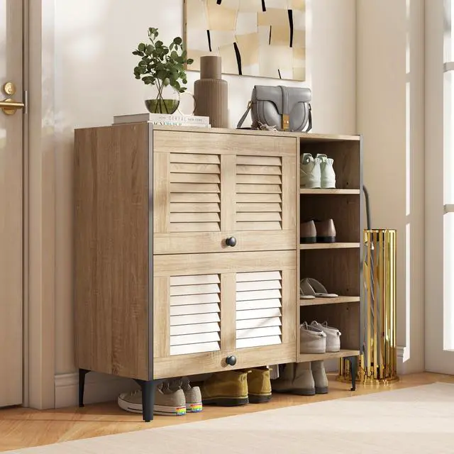 Alt view image 2 of 7 - SlickBlue Shoe Rack Organizer with Flip-up See-through Doors and Adjustable Shelves-Oak