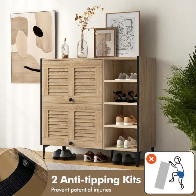 Alt view image 7 of 7 - SlickBlue Shoe Rack Organizer with Flip-up See-through Doors and Adjustable Shelves-Oak