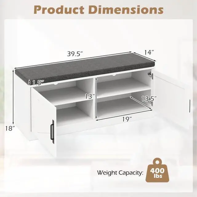 Alt view image 3 of 7 - SlickBlue Shoe Bench with Cushion Farmhouse Shoe Rack Organizer with 2 Barn Doors-White