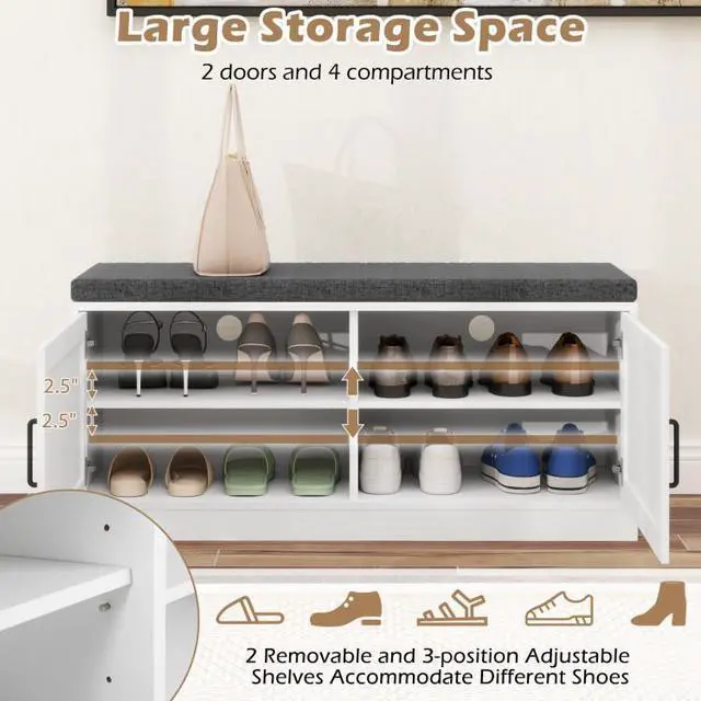 Alt view image 5 of 7 - SlickBlue Shoe Bench with Cushion Farmhouse Shoe Rack Organizer with 2 Barn Doors-White
