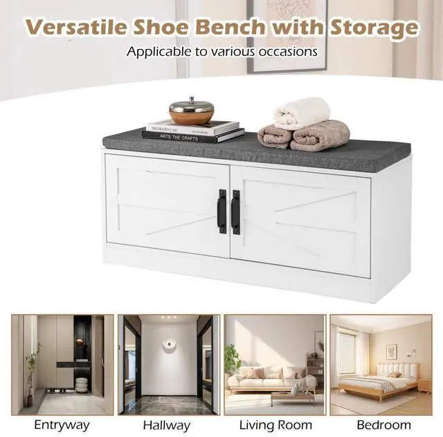 Alt view image 7 of 7 - SlickBlue Shoe Bench with Cushion Farmhouse Shoe Rack Organizer with 2 Barn Doors-White