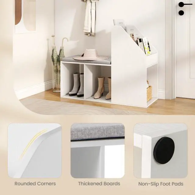 Alt view image 4 of 7 - SlickBlue Shoe Storage Bench with Removable Seat Cushion and 6 Storage Compartments-White