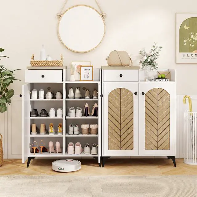 Alt view image 6 of 7 - SlickBlue 2-Door Shoe Rack Organizer with Drawer and 6 Removable Shelves-White