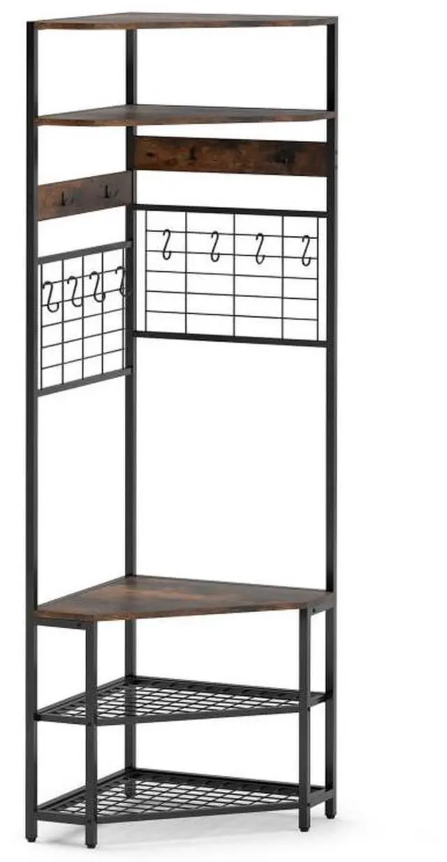 Main image of SlickBlue 5-Tier Corner Hall Tree with Shoe Storage Bench-Rustic Brown