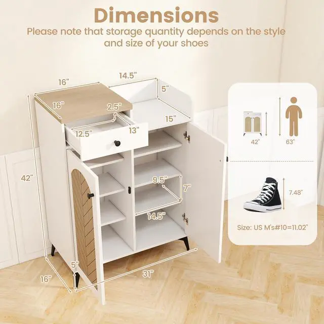 Alt view image 5 of 7 - SlickBlue 2-Door Shoe Rack Organizer with Drawer and 6 Removable Shelves-White