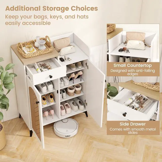 Alt view image 7 of 7 - SlickBlue 2-Door Shoe Rack Organizer with Drawer and 6 Removable Shelves-White