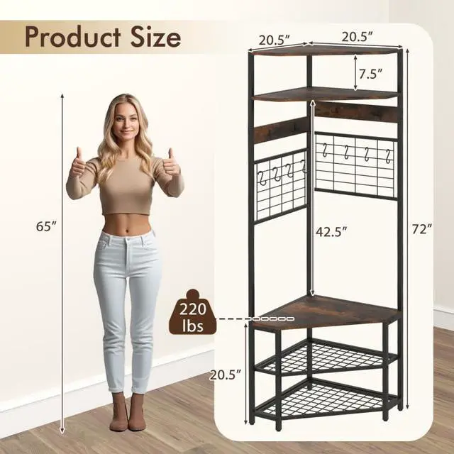 Alt view image 3 of 7 - SlickBlue 5-Tier Corner Hall Tree with Shoe Storage Bench-Rustic Brown