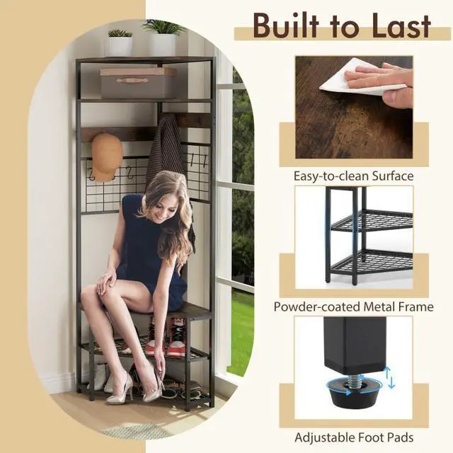 Alt view image 4 of 7 - SlickBlue 5-Tier Corner Hall Tree with Shoe Storage Bench-Rustic Brown