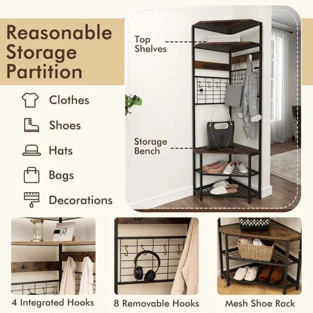 Alt view image 5 of 7 - SlickBlue 5-Tier Corner Hall Tree with Shoe Storage Bench-Rustic Brown