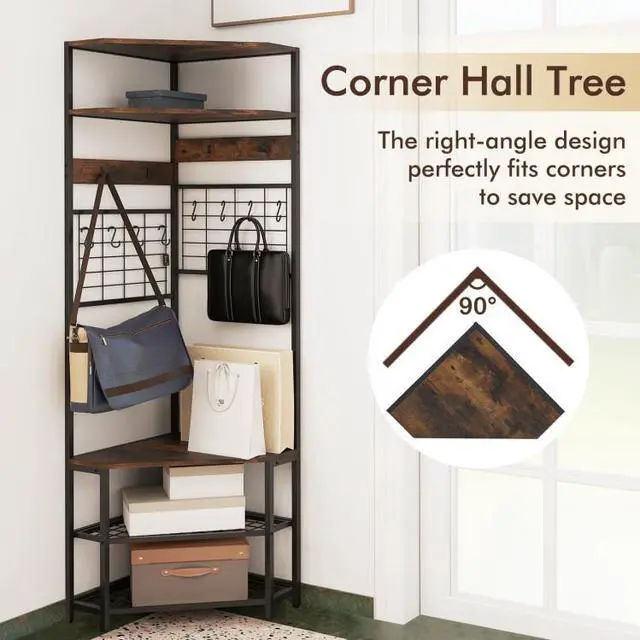 Alt view image 6 of 7 - SlickBlue 5-Tier Corner Hall Tree with Shoe Storage Bench-Rustic Brown