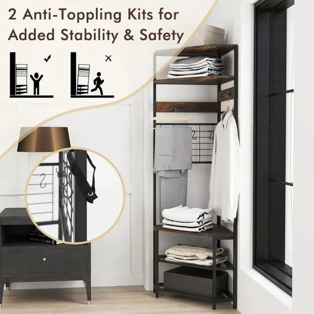 Alt view image 7 of 7 - SlickBlue 5-Tier Corner Hall Tree with Shoe Storage Bench-Rustic Brown