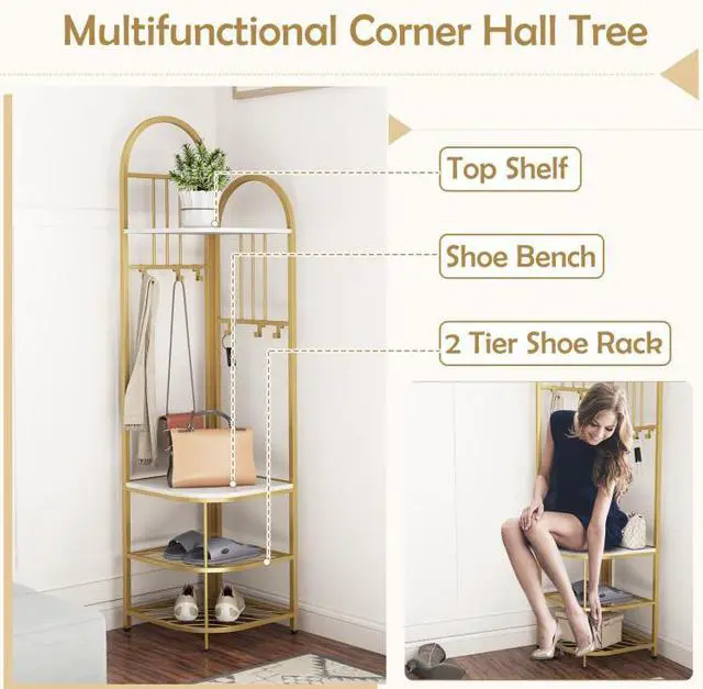 Alt view image 5 of 6 - SlickBlue 4-Tier Coat Rack Corner Hall Tree with Shoe Storage Bench